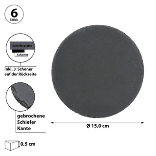 Schieferplatte 6er Set Ø15cm rund mit Filzschonern Tischuntersetzer Steinplatte Servierplatte Untersetzer