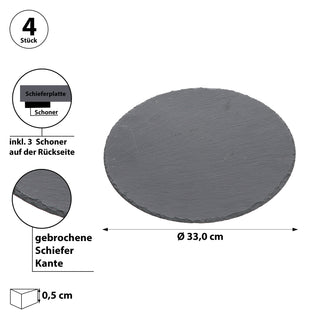Schieferplatte 4er Set Ø33cm rund mit Filzschonern Tischuntersetzer Steinplatte Servierplatte Untersetzer