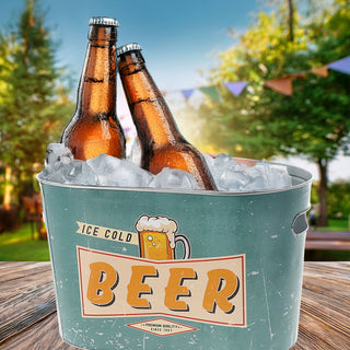 Bierkühler Eimer 'Ice cold Beer' 34x20cm Stahlblech Bierkübel Bierflaschen Getränkeflaschen Kühleimer Retro-Design