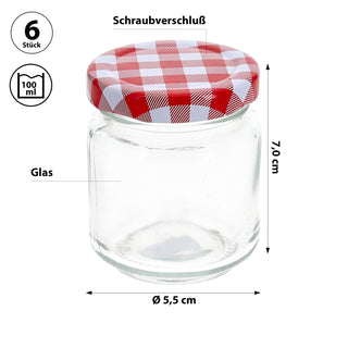 Einmachglas 6er Set 100ml 5,5x7cm Glas Metall Schraubdeckel rot-weiß kariert Konservenglas Twist-Off Rundglas Einmachen Aufbewahren