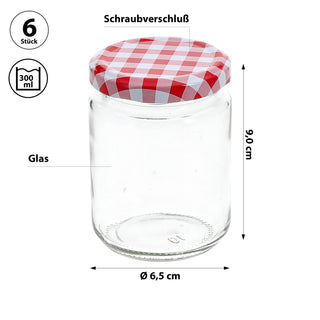 Einmachglas 6er Set 300ml 6,5x9cm Glas Metall Schraubdeckel rot-weiß kariert Konservenglas Twist-Off Rundglas Einmachen Aufbewahren