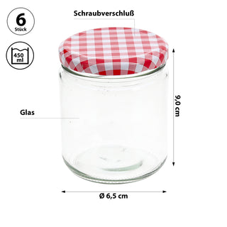 Einmachglas 6er Set 450ml 8x10cm Glas Metall Schraubdeckel rot-weiß kariert Konservenglas Twist-Off Rundglas Einmachen Aufbewahren