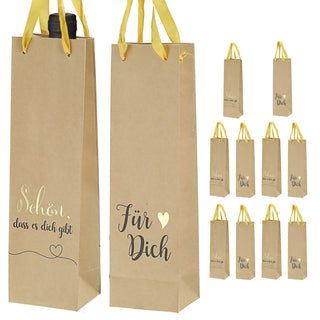 Flaschentüte 'Für Dich' 2 Motive 12er Set 8x35x8cm Papier 160gsm naturfarben Geschenkverpackung Tüte Flaschentasche