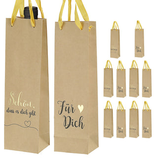 Flaschentüte 'Für Dich' 2 Motive 12er Set 8x35x8cm Papier 160gsm naturfarben Geschenkverpackung Tüte Flaschentasche