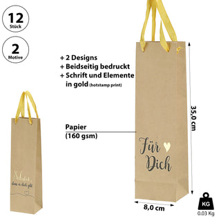 Flaschentüte 'Für Dich' 2 Motive 12er Set 8x35x8cm Papier 160gsm naturfarben Geschenkverpackung Tüte Flaschentasche