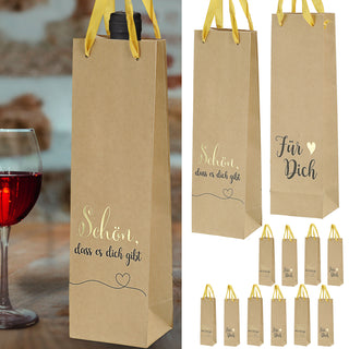 Flaschentüte 'Für Dich' 2 Motive 12er Set 8x35x8cm Papier 160gsm naturfarben Geschenkverpackung Tüte Flaschentasche