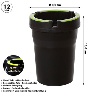 1/12x Reiseaschenbecher 'Glow in the Dark' schwarz neongrün 8x11x8cm Kunststoff fluoreszierend Deckel abnehmbar Tischaschenbecher
