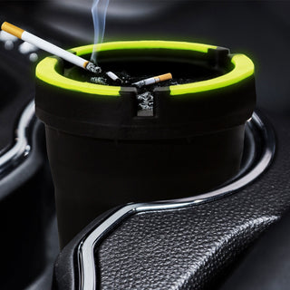 1/12x Reiseaschenbecher 'Glow in the Dark' schwarz neongrün 8x11x8cm Kunststoff fluoreszierend Deckel abnehmbar Tischaschenbecher