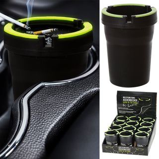 1/12x Reiseaschenbecher 'Glow in the Dark' schwarz neongrün 8x11x8cm Kunststoff fluoreszierend Deckel abnehmbar Tischaschenbecher