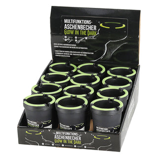1/12x Reiseaschenbecher 'Glow in the Dark' schwarz neongrün 8x11x8cm Kunststoff fluoreszierend Deckel abnehmbar Tischaschenbecher