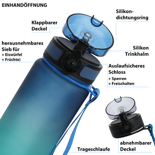 Trinkflasche 650ml Sport PET PP PE 7x24cm Lila/Pink | Grün/Blau| schwarz/weiß Farbverlauf Handschlaufe Sieb Sportwasserflasche BPA-frei
