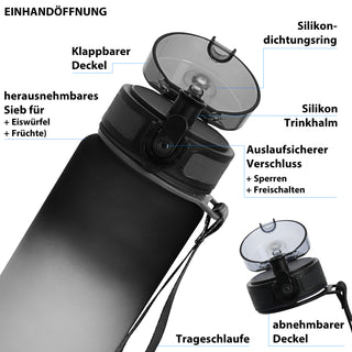 Trinkflasche 1000ml Sport PET PP PE 7,5x28cm Lila/Pink | Grün/Blau| schwarz/weiß Farbverlauf Handschlaufe Sieb Sportwasserflasche BPA-frei