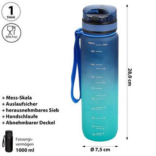 Trinkflasche 1000ml Sport PET PP PE 7,5x28cm Lila/Pink | Grün/Blau| schwarz/weiß Farbverlauf Handschlaufe Sieb Sportwasserflasche BPA-frei