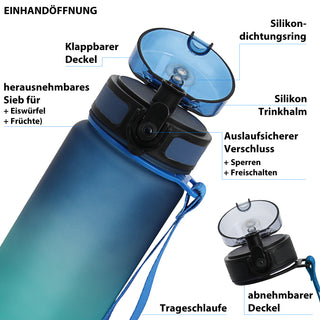 Trinkflasche 1000ml Sport PET PP PE 7,5x28cm Lila/Pink | Grün/Blau| schwarz/weiß Farbverlauf Handschlaufe Sieb Sportwasserflasche BPA-frei