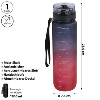 Trinkflasche 1000ml Sport PET PP PE 7,5x28cm Lila/Pink | Grün/Blau| schwarz/weiß Farbverlauf Handschlaufe Sieb Sportwasserflasche BPA-frei