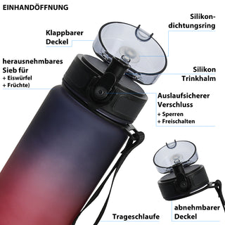 Trinkflasche 1000ml Sport PET PP PE 7,5x28cm Lila/Pink | Grün/Blau| schwarz/weiß Farbverlauf Handschlaufe Sieb Sportwasserflasche BPA-frei