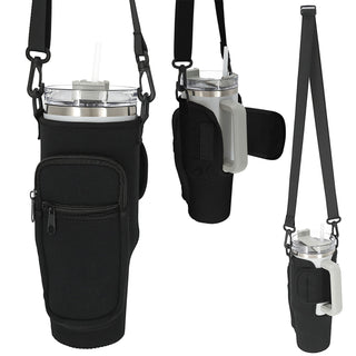 Umhängetasche für Thermobecher 1,2l beige / schwarz 7x24cm Neopren Polyester Klettverschluss Tasche Umhängegurt Handyfach