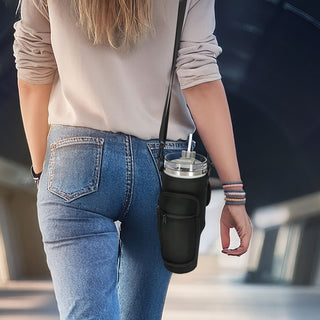 Umhängetasche für Thermobecher 1,2l beige / schwarz 7x24cm Neopren Polyester Klettverschluss Tasche Umhängegurt Handyfach