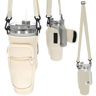 Umhängetasche für Thermobecher 1,2l beige / schwarz 7x24cm Neopren Polyester Klettverschluss Tasche Umhängegurt Handyfach