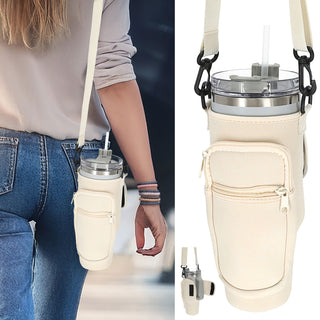 Umhängetasche für Thermobecher 1,2l beige / schwarz 7x24cm Neopren Polyester Klettverschluss Tasche Umhängegurt Handyfach