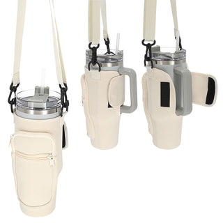 Umhängetasche für Thermobecher 1,2l beige / schwarz 7x24cm Neopren Polyester Klettverschluss Tasche Umhängegurt Handyfach
