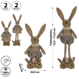 Osterhasenpaar Mann Frau mit Teleskopbeinen max. H72cm Polyester Metallbeine Brauntöne Hasenschuhe Osterdekoration