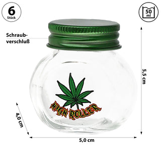 Vorratsglas 'Weed' 6er Set bauchig 50ml Glas Metall 4x5,5x4cm Aufbewahrungsglas Glasgefäß Schraubverschluss Cannabis-Design