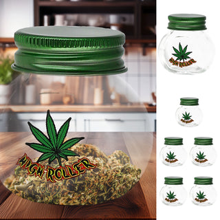 Vorratsglas 'Weed' 6er Set bauchig 50ml Glas Metall 4x5,5x4cm Aufbewahrungsglas Glasgefäß Schraubverschluss Cannabis-Design