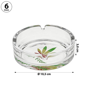 Glasaschenbecher 6er Set Ø10cm Glas rund Aschenbecher stapelbar Leuchtfunktion Cannabis-Design
