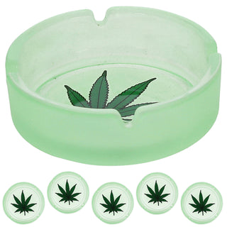 Glasaschenbecher 'Glow in the Dark' 6er Set Ø10cm Glas rund Aschenbecher stapelbar Leuchtfunktion Cannabis-Design fluoreszierend