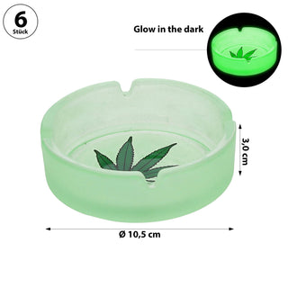 Glasaschenbecher 'Glow in the Dark' 6er Set Ø10cm Glas rund Aschenbecher stapelbar Leuchtfunktion Cannabis-Design fluoreszierend