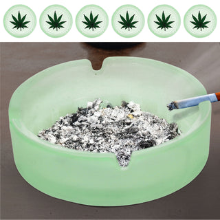 Glasaschenbecher 'Glow in the Dark' 6er Set Ø10cm Glas rund Aschenbecher stapelbar Leuchtfunktion Cannabis-Design fluoreszierend