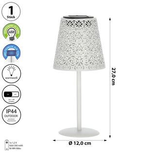 LED Solar Tischleuchte 'Cannes' Muster gestanzt weiß/grün/braun/schwarz 12x27cm akkubetrieben warmweiß On-/Off-Schalter IP44 Outdoorlampe