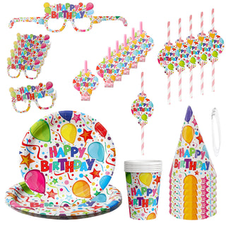 Party-Set Happy Birthday 36tlg. bunt Pappe Pappbecher Pappteller Papierstrohhalme Papierbrille Papierhut Papiertröten | Geburtstagszubehör Partyset