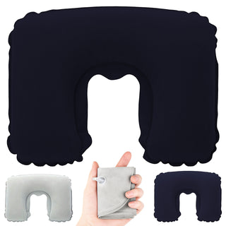 Nackenkissen aufblasbar PVC schwarz grau blau 22cm Luftkissen Nackenstütze ergonomisch faltbar Reisezubehör Bahn Auto Flugzeug