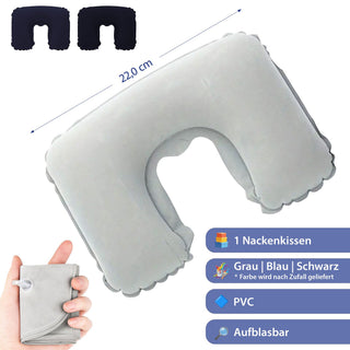 Nackenkissen aufblasbar PVC schwarz grau blau 22cm Luftkissen Nackenstütze ergonomisch faltbar Reisezubehör Bahn Auto Flugzeug
