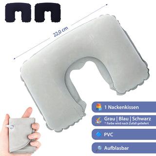 Nackenkissen aufblasbar PVC schwarz grau blau 22cm Luftkissen Nackenstütze ergonomisch faltbar Reisezubehör Bahn Auto Flugzeug