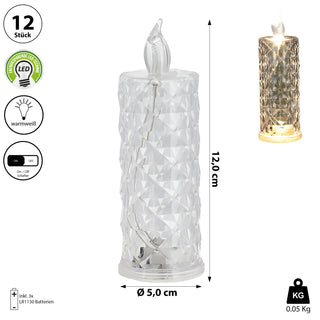 1/12x LED Kerze Kristall klar 5x12cm Kunststoff warmweiß Ein-/Ausschalter flammenlos Kristalloptik