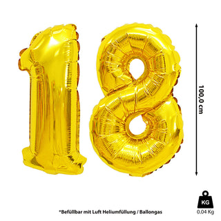Folienballon Zahl  2er Set Achtzehn 18 gold H100cm BOPA/PET Luftballon Ballondekoration Partyballon Zahlenballon Geburtstag