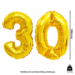 Folienballon Zahl Dreißig 30 gold H100cm BOPA/PET Luftballon Ballondekoration Partyballon Zahlenballon Geburtstag