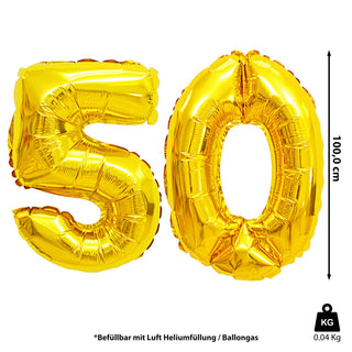 Folienballon Zahl Fünfzig 50 gold H100cm BOPA/PET Luftballon Ballondekoration Partyballon Zahlenballon Geburtstag