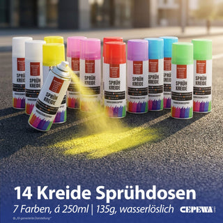 Kreidespray 14er Set VOC 32% 7 Farben Dosenvolumen 250ml Sprühkreide Markierungsspray Dosenspray wasserlöslich Kreidefarbe temporär