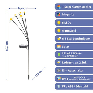 LED Solar Gartenstecker Margerite weiß grün 14,5x80x11cm Edelstahl PP ABS 6 warmweiße LEDs akkubetrieben On-/Off-Schalter Solarleuchte