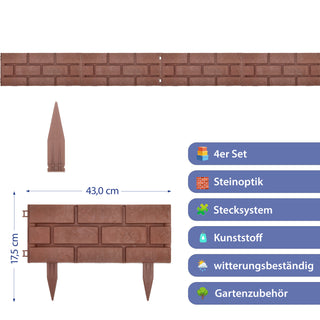 Beetumrandung Steinoptik 4er Set Gesamtbreite 170cm braun Rasenkante Beeteinfassung Beetbegrenzung 4 Module Ziegelsteinoptik