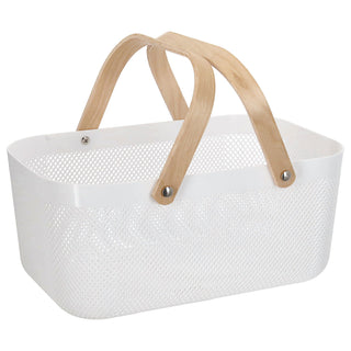 Aufbewahrungskorb mit Henkel Kunststoff Birkenholz 40x18x24cm weiß natur Utensilienkorb Henkelkorb Gitterkorb Aufbewahrungsbox für Bad oder Küche