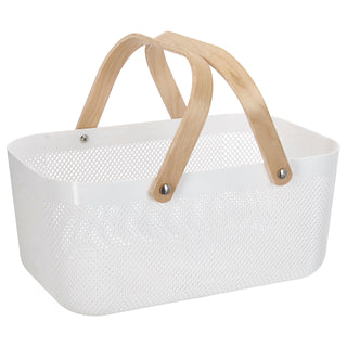 Aufbewahrungskorb mit Henkel Kunststoff Birkenholz 40x18x24cm weiß natur Utensilienkorb Henkelkorb Gitterkorb Aufbewahrungsbox für Bad oder Küche