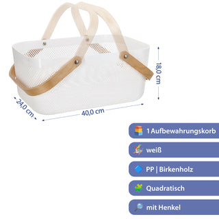 Aufbewahrungskorb mit Henkel Kunststoff Birkenholz 40x18x24cm weiß natur Utensilienkorb Henkelkorb Gitterkorb Aufbewahrungsbox für Bad oder Küche