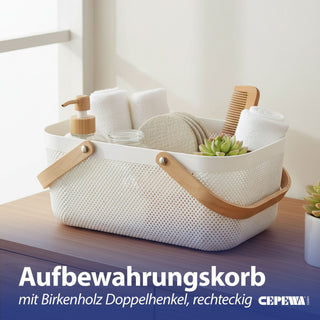 Aufbewahrungskorb mit Henkel Kunststoff Birkenholz 40x18x24cm weiß natur Utensilienkorb Henkelkorb Gitterkorb Aufbewahrungsbox für Bad oder Küche