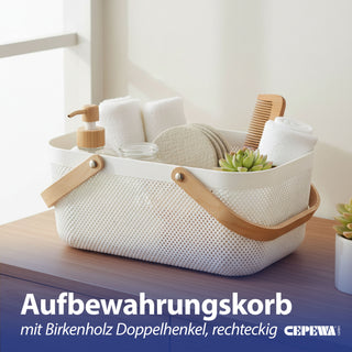 Aufbewahrungskorb mit Henkel Kunststoff Birkenholz 40x18x24cm weiß natur Utensilienkorb Henkelkorb Gitterkorb Aufbewahrungsbox für Bad oder Küche