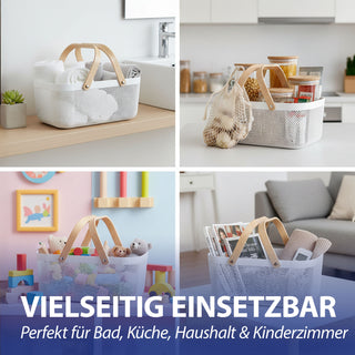 Aufbewahrungskorb mit Henkel Kunststoff Birkenholz 40x18x24cm weiß natur Utensilienkorb Henkelkorb Gitterkorb Aufbewahrungsbox für Bad oder Küche